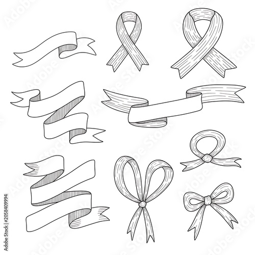 Hand Drawn Ribbon Banners and Awareness Bows Arranged on White Background