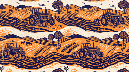 wobbly thick linework pattern showcasing heavy field tractors and deep furrows in radiant orange and indigo tones playful traditional agriculture motif seamless printing tile