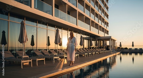 Woman in white robe walking by luxury hotel pool at sunset, modern resort architecture during golden hour