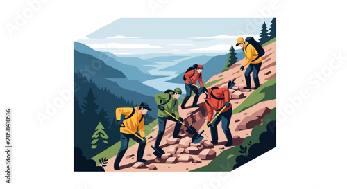 Group of hikers ascending a rocky mountain path together.