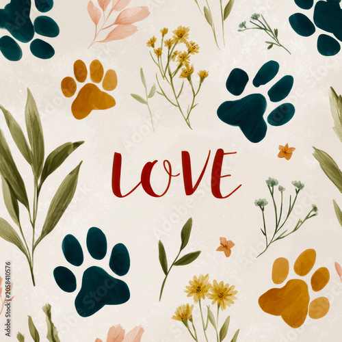 Watercolor Pet Love Background with Paw Prints and Botanical Elements. AI generative.