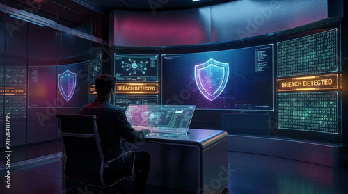 Professional cybersecurity concept featuring digital security systems, encrypted data protection, network monitoring, secure access technology, and cyber defense solutions. The image represents modern