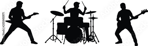 Quadro su tela Rock Band Silhouette Set with Electric Guitarist Drummer and Bass Player Perform