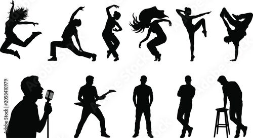 Fotografía Silhouette Collection of Dancing Women Singer Guitarist and Male Figures Isolate