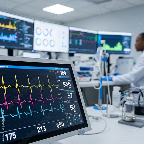 Modern Patient Vital Signs Monitor Displaying Heart Rhythm Data in Hospital Control Room