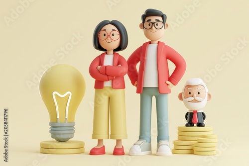 3D business porters a successful team, creative. The investor holds money in ideas, startup idea. vector illustration on white background. financing of creative projects. woman man business 3D vector