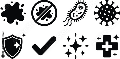 Foto Cleanliness and hygiene icons including germs, shield, checkmark, sparkle, and medical cross