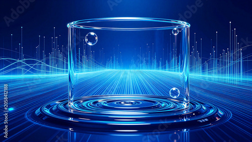 Dynamic Digital World Featuring a Glass Container and Ripples