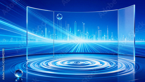 Futuristic Digital Display Podium on Abstract Blue Light Background