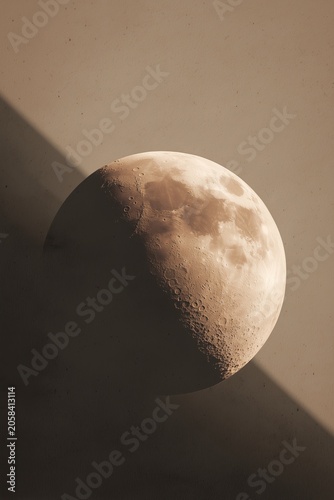 Textured moon with soft shadows on neutral background. AI-generated.
