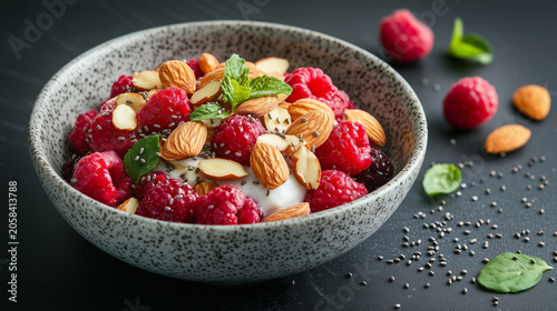 Yogurt bowl topped with fresh raspberries and almonds presenting a minimalist textural study of plant-based culinary ingredients.