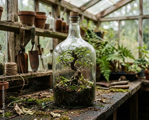 Artistic Bonsai Tree Terrarium in a Large Glass Bottle on Garden Workbench