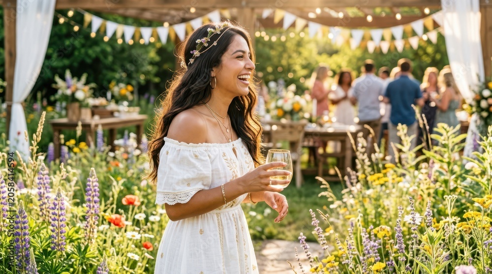 Fototapeta premium Woman in white dress laughing at outdoor garden party with wine