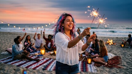 Friends celebrating Fourth of July on the beach with sparklers and lanterns