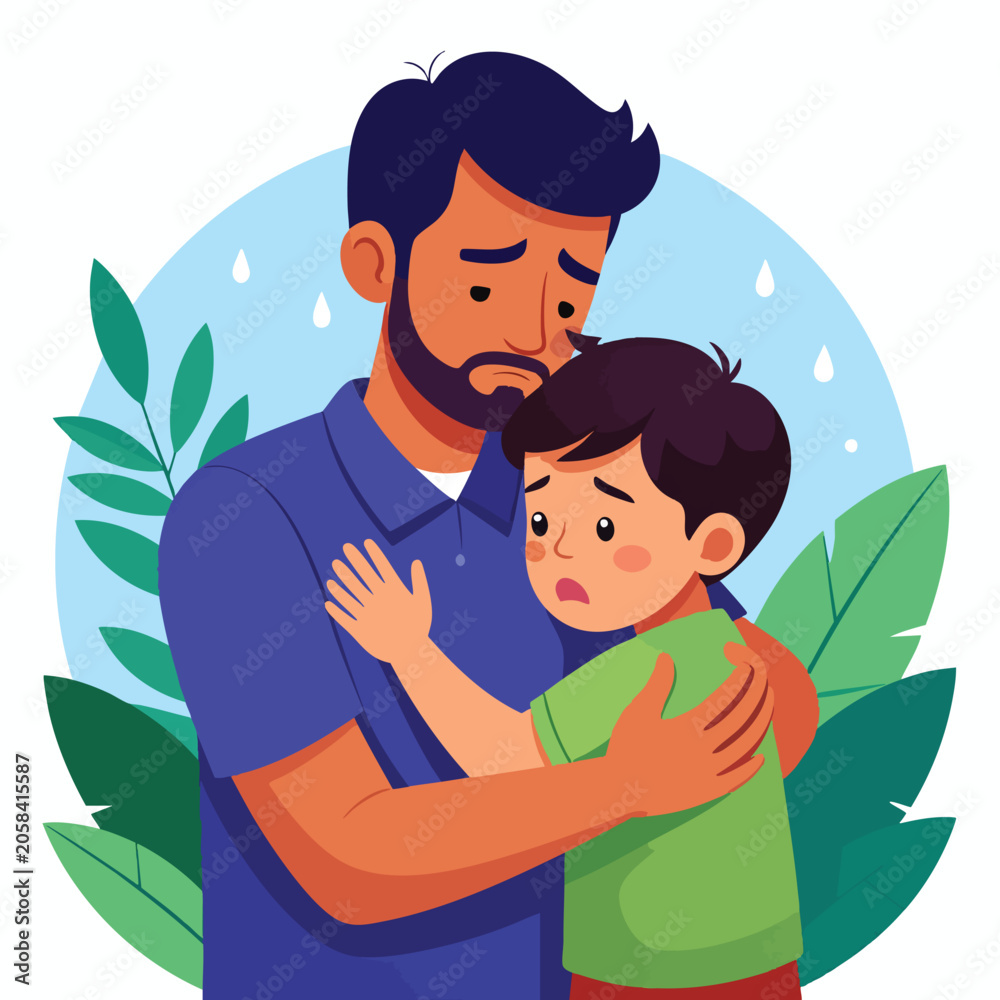 Naklejka premium Father comforts crying son in rain with green shirt and blue polo