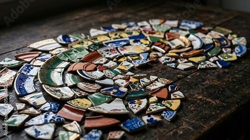 Colorful Broken Ceramic Pottery Shards Arranged on a Rustic Wooden Table