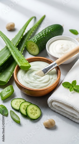 Fresh Aloe Vera Cucumber and Cream Mask Arranged on Spa Table