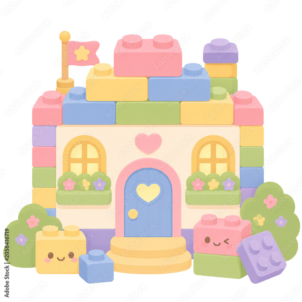 Fototapeta premium A playful toy block house made from colorful building bricks with a cute pastel palette and a fun