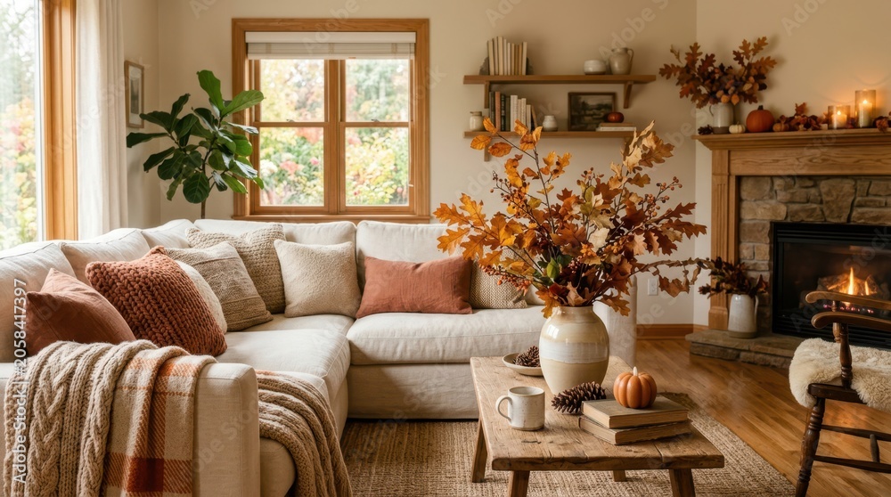Obraz premium Cozy living room with sectional sofa and autumn decor by the fireplace