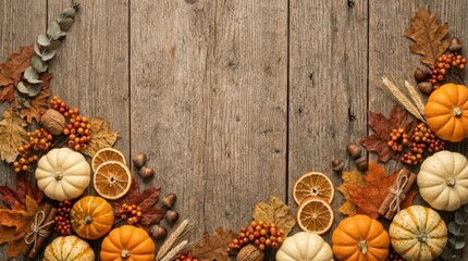 Autumn harvest bounty arranged on rustic wooden background with copy space