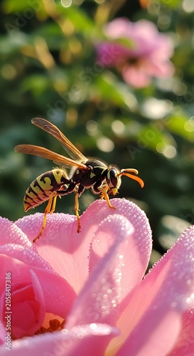 Striped Wasp Resting on Dewy Pink Flower Petal in Sunlit Garden