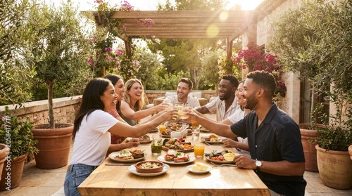 Friends enjoying a celebratory toast during a sunny outdoor meal on a terrace