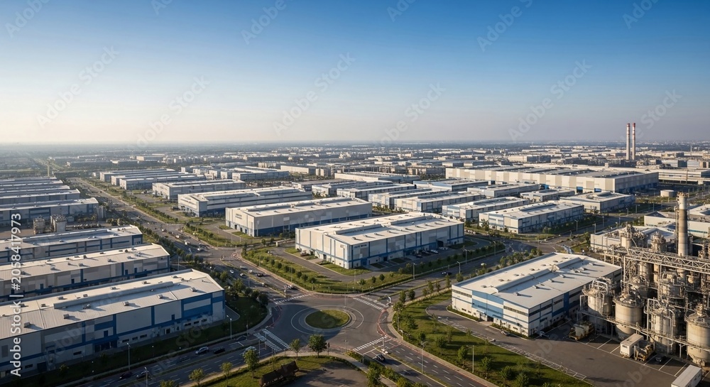 Fototapeta premium Expansive Industrial Estate with Numerous Warehouses and Logistics Centers Viewed from Above
