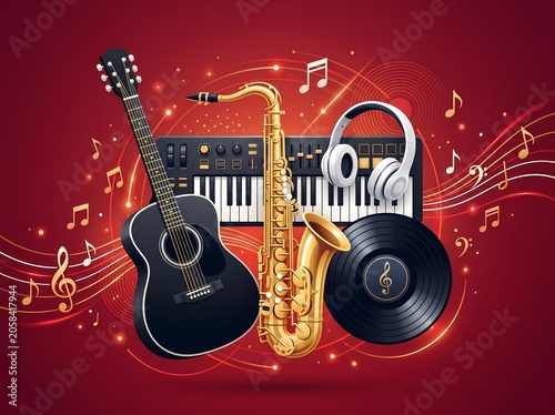 Musical instruments background with saxophone, guitar, keyboard, and vinyl record