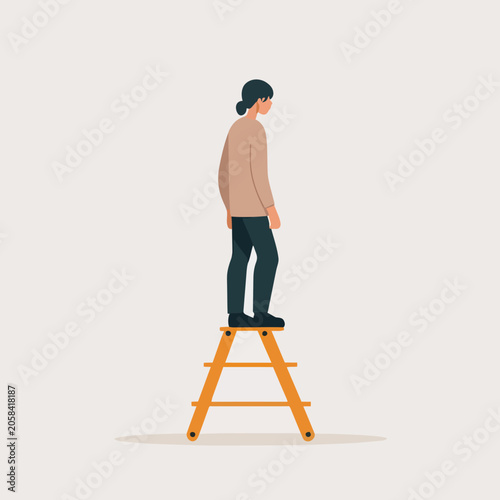 Person standing on a stepladder looking down thoughtfully.