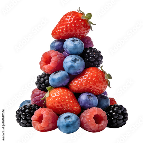 Colorful assortment of fresh berries including strawberries blueberries raspberries blackberries and mulberries pile