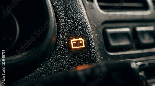 Glowing Car Battery Warning Light Illuminated on Dark Vehicle Dashboard