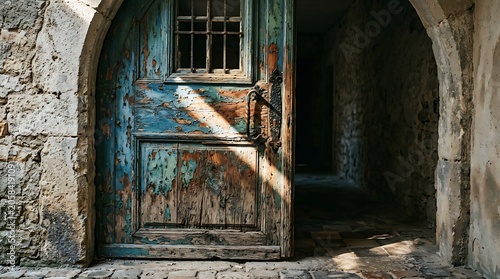 Old Weathered Blue Wooden Door in a Stone Archway