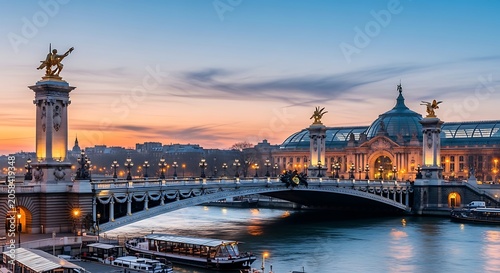 Elegant Paris Bridge and Historic Grand Palais Illuminated at Sunset Along River Seine