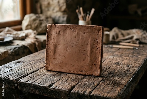 Raw clay block on a rustic wooden table in a pottery studio