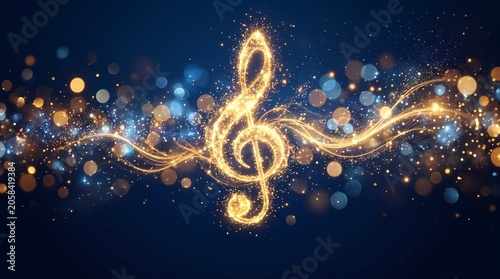 Golden treble clef music symbol glowing with magical sparkles on a dark background