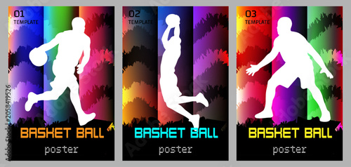 Set of basketball posters with white player silhouettes on colorful grunge backgrounds