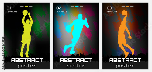 Set of abstract basketball posters with player silhouettes and colorful brush stroke backgrounds, sports design templates