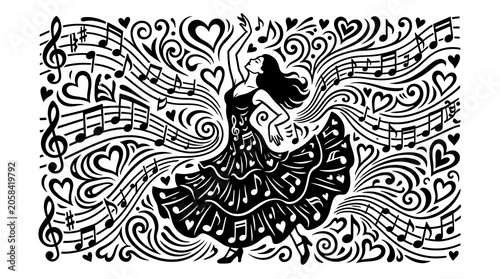 Dynamic Dance of Passionate Expression A Spirited Illustration Woven with Musical Notes and Hearts