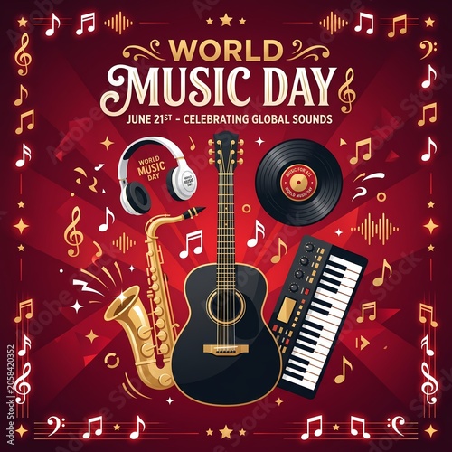 Vibrant vector illustration celebrating global music with acoustic guitar, saxophone, keyboard, and vinyl record on red background