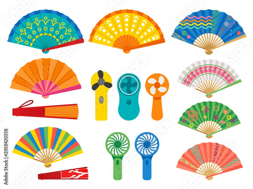 Hand fans collection featuring traditional folding designs and modern portable electric cooling devices in flat style