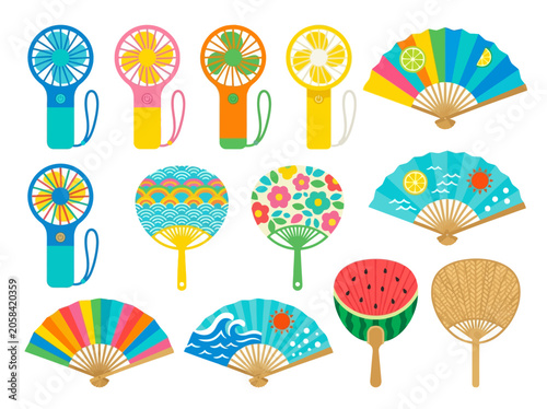 Hand fans collection featuring portable electric cooling devices and traditional colorful folding paper summer accessories