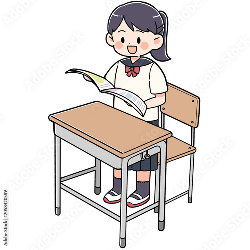 授業中に立って教科書を読む女子生徒のイラスト