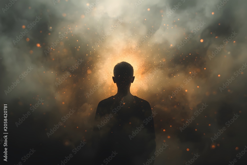 Naklejka premium Silhouette of man standing in glowing smoke and sparks