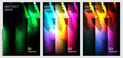 Set of abstract vertical posters with colorful light beams and brush stroke textures, modern design templates for creative projects
