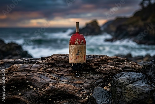 Vintage weathered wooden buoy on rugged rocky coast at sunset
