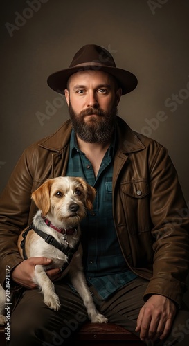 Bearded Man Wearing Brown Hat Holding Small Dog in Studio Portrait