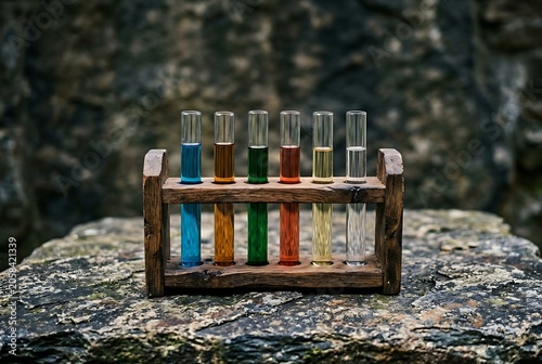Vintage wooden test tube rack with colorful liquids on stone surface