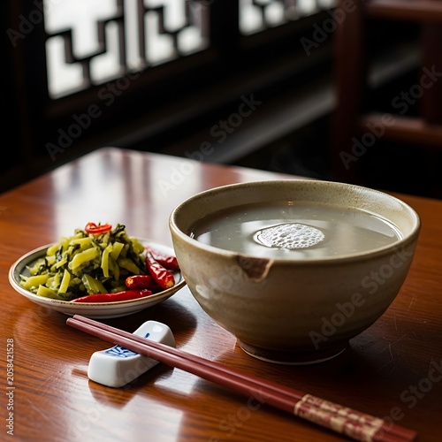 Warm Bowl of Soup with Pickled Vegetable Side on Wooden Restaurant Table