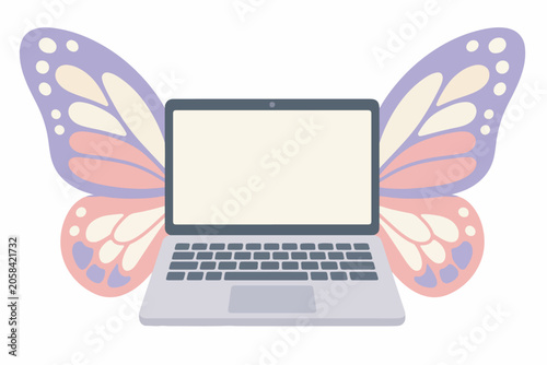 Laptop with pastel butterfly wings illustration isolated on white background