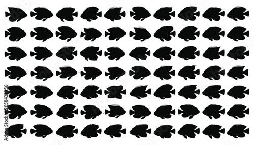 Fish silhouettes arranged in a uniform grid pattern demonstrate a collection of aquatic life forms isolated against a clean white background for various design projects and creative editorial layouts.
